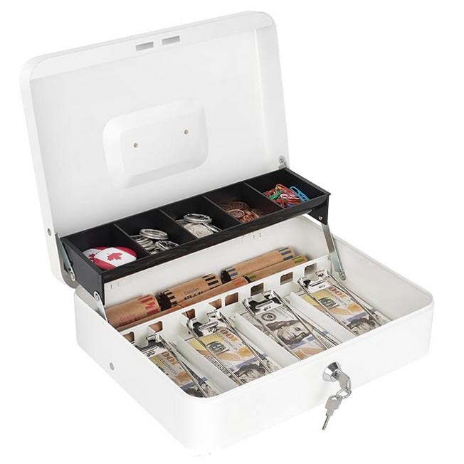 Image showing white lockable cash box for cash and coins