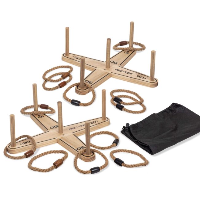 Ring Toss yard game with wood finish and jute rope rings