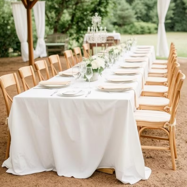 This image shows a table with table cloth located outdoors. A total of 14 chairs are placed around the table and the table is decorated nicely with wine glasses, flowers and table settings. 